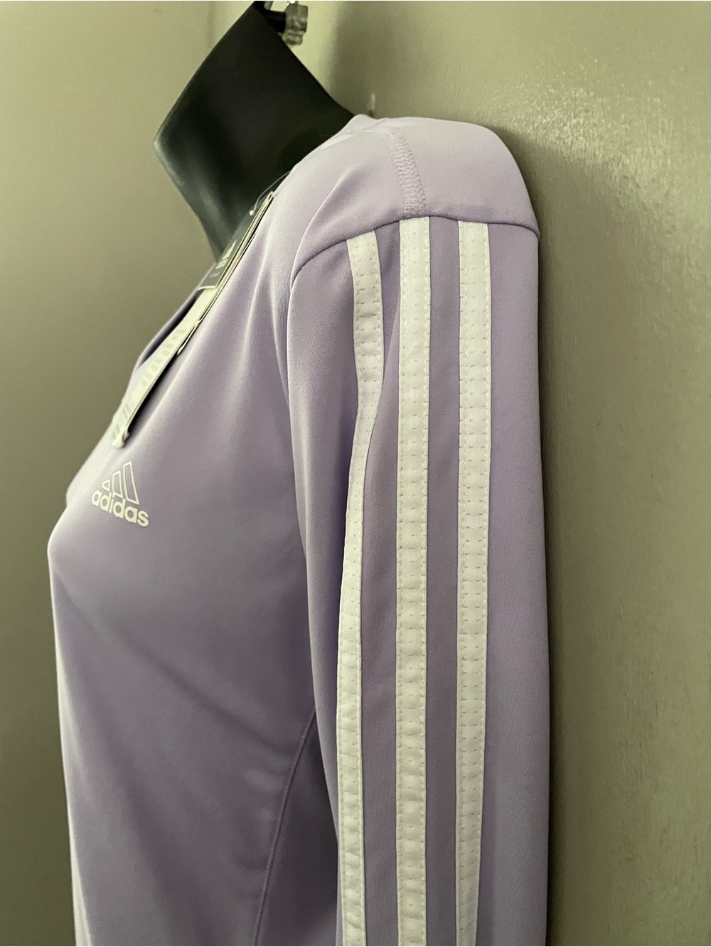 Adidas Lavender Polyester V-Neck Three Stripes Shirt (NWT) - Picture 3 of 7